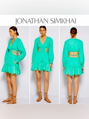 Jonathan Simkhai Cutout Pleated Mini Dress Green Satin Long Sleeve Size Small